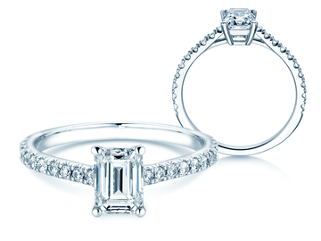 Bague de fiançailles Emerald Pavé en or blanc